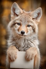 Fototapeta premium Adorable young fox holding blank card with paws, warm portrait with soft background, perfect for greeting cards, invitations, educational posters, or animal-themed designs.