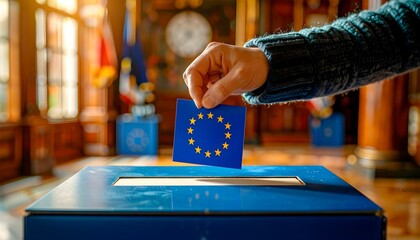 Europawahl 2029 - eine Hand hält einen blauen Wahlzettel mit EU Sternen Symbol über den Schlitz einer blauen Wahlurne