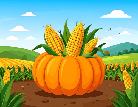 Cartoon pumpkin filled with corn cobs in a rural farm field landscape.