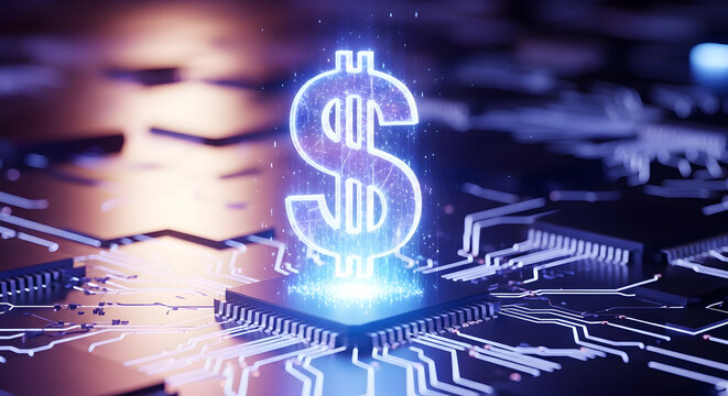 Dollar symbol glowing on a microchip, representing digital currency, cryptocurrency, and the future of finance