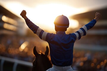 jockey winning race on a horse at the racetrack in the sunset light, with the crowd cheering in the background. 
