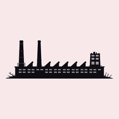 Obraz premium Black silhouette of an industrial factory building with smokestacks and windows against a pale pink background