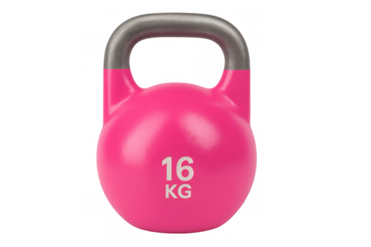 Pink 16 kg kettlebell for strength training workouts. Fitness equipment for gym exercise on transparent background