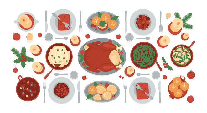 Top view of a festive Christmas holiday dinner table with traditional food like roasted turkey and side dishes, flat vector illustration