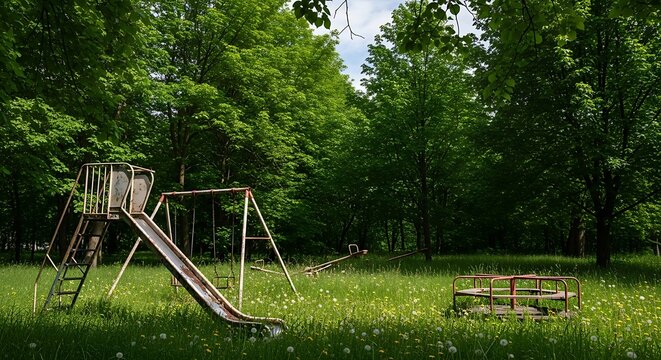 Abandoned Playground in Overgrown Field with Lush Green Trees Under a Bright Sky.