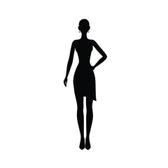 Black silhouette of elegant female figure in cocktail dress with hand on waist pose