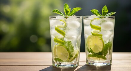Refreshing Lime Mojito Drinks in Tall Glasses on Wooden Table