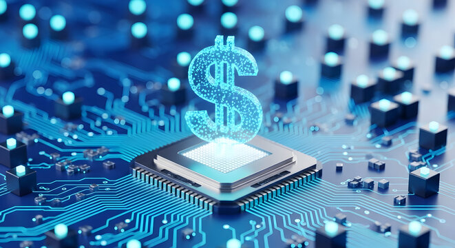 Dollar sign hologram above microchip on circuit board, symbolizing digital currency and fintech revolution - Powered by Adobe
