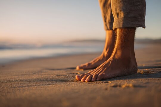 Man standing barefoot on sand beach focusing on grounding meditation technique in calm coastal therapy, stress management and holistic healing wellness. Mindfulness nature connection and mental health