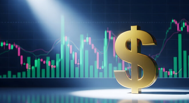 Dollar sign in spotlight with stock market graph in background, symbolizing financial success and growth