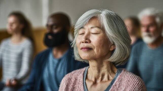Multi ethnic seniors participating in meditation group with peaceful expressions and mindful posture. Community wellness, perfect for stress management mindfulness and mental health aging concept.