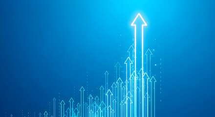 Abstract blue background with glowing arrows pointing upwards symbolizing business growth and success