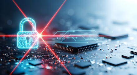 Glowing padlock icon with red laser beam on circuit board for data security concept
