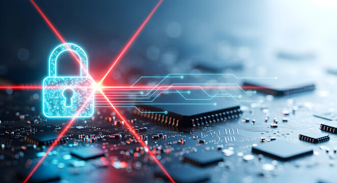 Glowing padlock icon with red laser beam on circuit board for data security concept