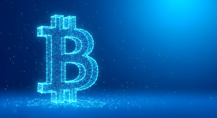 Bitcoin symbol in blue digital design with glowing particles on a blue background