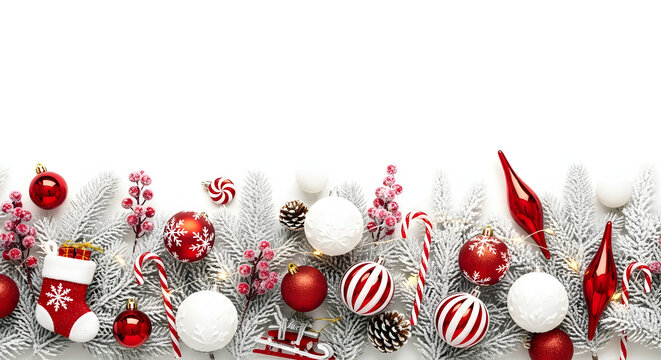 Festive christmas decorations including ornaments stockings candy canes and pine branches on white background