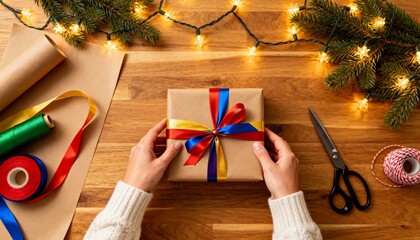 festive gift wrapping on wooden table with lights