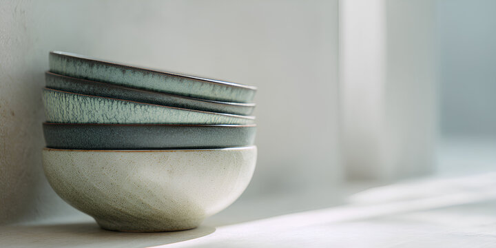 A horizontal banner with a stack of ceramic bowls in calm greenish tones on a light background