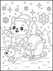 Naklejka premium Fun Christmas Holiday Coloring Sheet for Children. Cute Santa Cat Riding a Reindeer Sleigh. Festive Winter Coloring Page Printable for Kids and Adults.
