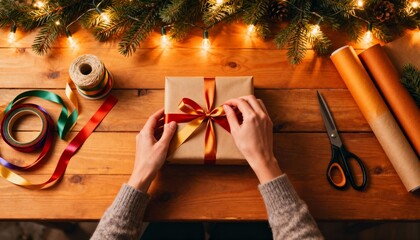 hands wrapping christmas gift with ribbon and twine