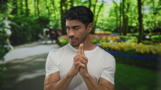 Young man makes finger gun gesture with hands in sunlit green forest; playfulness mischief spontaneity.