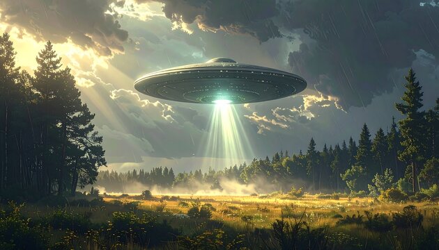 UFO Over Forested Landscape, Beam of Light, Sci-Fi Scene, Alien Invasion