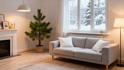 modern winter living room with pine tree and snow view
