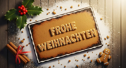 Frohe weihnachten gingerbread cookie with festive christmas decorations and cinnamon sticks on wooden background