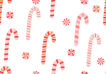 Christmas Candy Cane Red Doodle Seamless Pattern. Christmas candy lollipop seamless pattern. New Year pattern