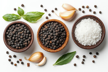 A vibrant flat lay featuring black peppercorns, garlic, and fresh basil leaves in wooden bowls, showcasing culinary ingredients.