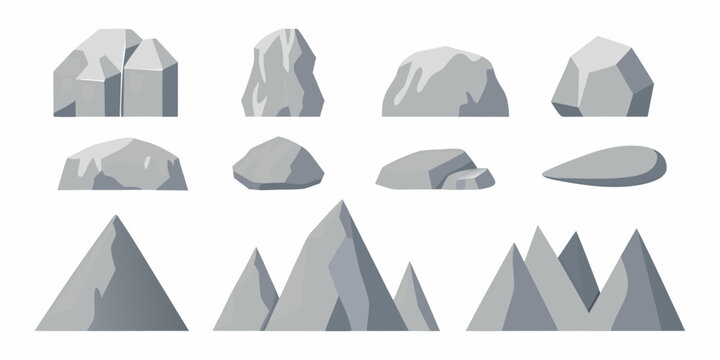 Collection of stylized grey rocks and mountain peaks in a flat design style