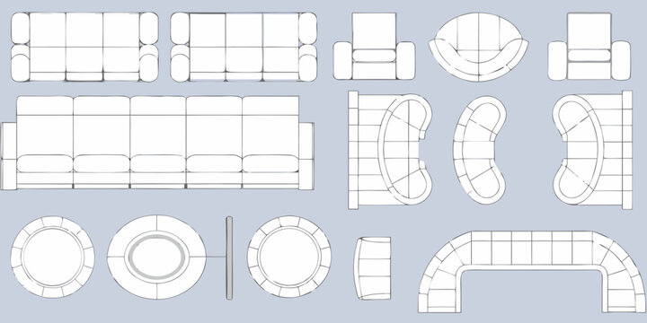 Collection of modern furniture designs including sofas armchairs and modular seating arrangements in top down and side views