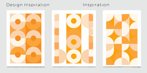 Modern geometric abstract art posters featuring circles and squares in orange and cream tones