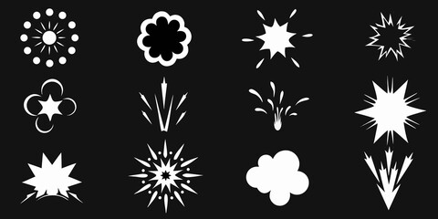 Collection of twelve white cartoon explosion and burst graphic elements on a black background