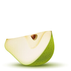 A Detailed Slice of a Fresh Green Pear with a Visible Seed and White Background