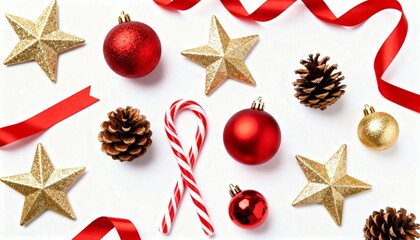 gold stars red ribbons and pinecones holiday layout