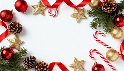 christmas ornaments and candy canes on white background