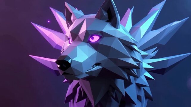 Abstract Low Poly Wolf Head with Glowing Eyes and Geometric Spikes in Neon Colors.