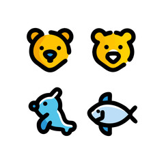 Obraz premium Set of Cute Animal Face and Marine Life Line Icons (Alternative: Bear, Seal, and Fish Cartoon Vector Symbols)
