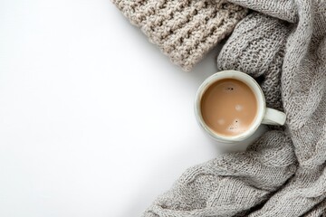 Cozy winter scene with a cup of coffee and knitted textiles