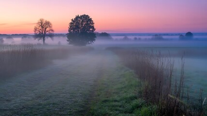 Misty Meadow at Sunrise with Silhouetted Trees and Soft Purple Sky field