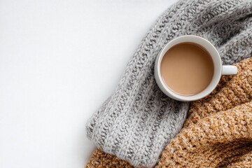 Cozy autumnal still life with coffee and knitted throws
