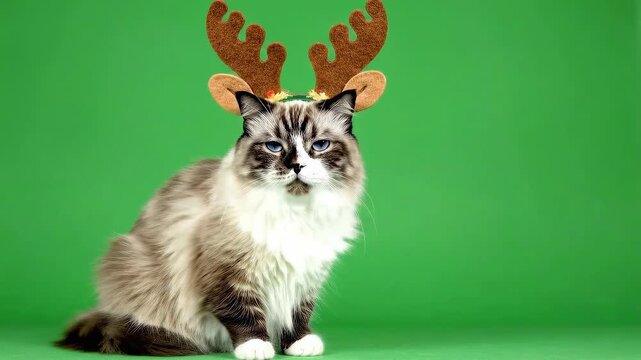 Cute Ragdoll Cat Wearing Reindeer Antlers | Christmas Pet Animation on Green Screen | Holiday Greeting Video