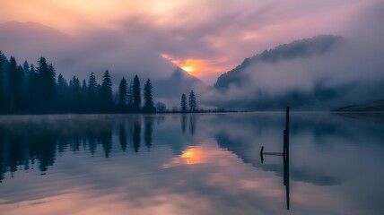 Misty mountain lake at sunrise with reflections and pine trees sunset