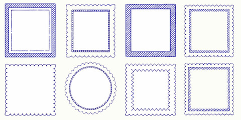 Collection of eight hand drawn blue ink frames and borders with decorative edges and striped patterns