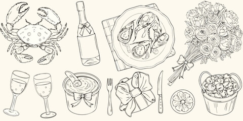 Elegant hand drawn illustration of a seafood dinner celebration with champagne and flowers