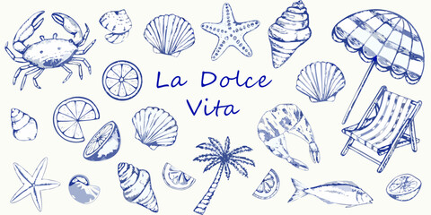 Charming blue sketch of beach elements and italian phrase la dolce vita