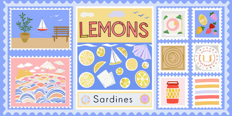 Collection of charming postage stamps featuring summer vacation themes like lemons sardines and seaside scenery