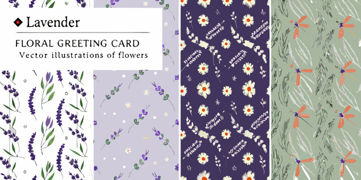Collection of floral greeting card designs featuring lavender daisies and dragonflies in various color palettes - Powered by Adobe