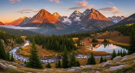 Majestic Mountain Range Sunrise Over Serene Lake and Winding River.